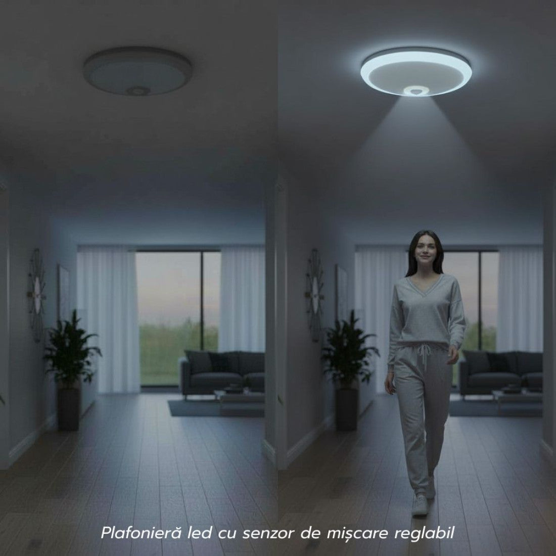 Plafoniera Led cu senzor de miscare reglabil Ø290x95mm, 18W=115W, 6500K, lumina rece