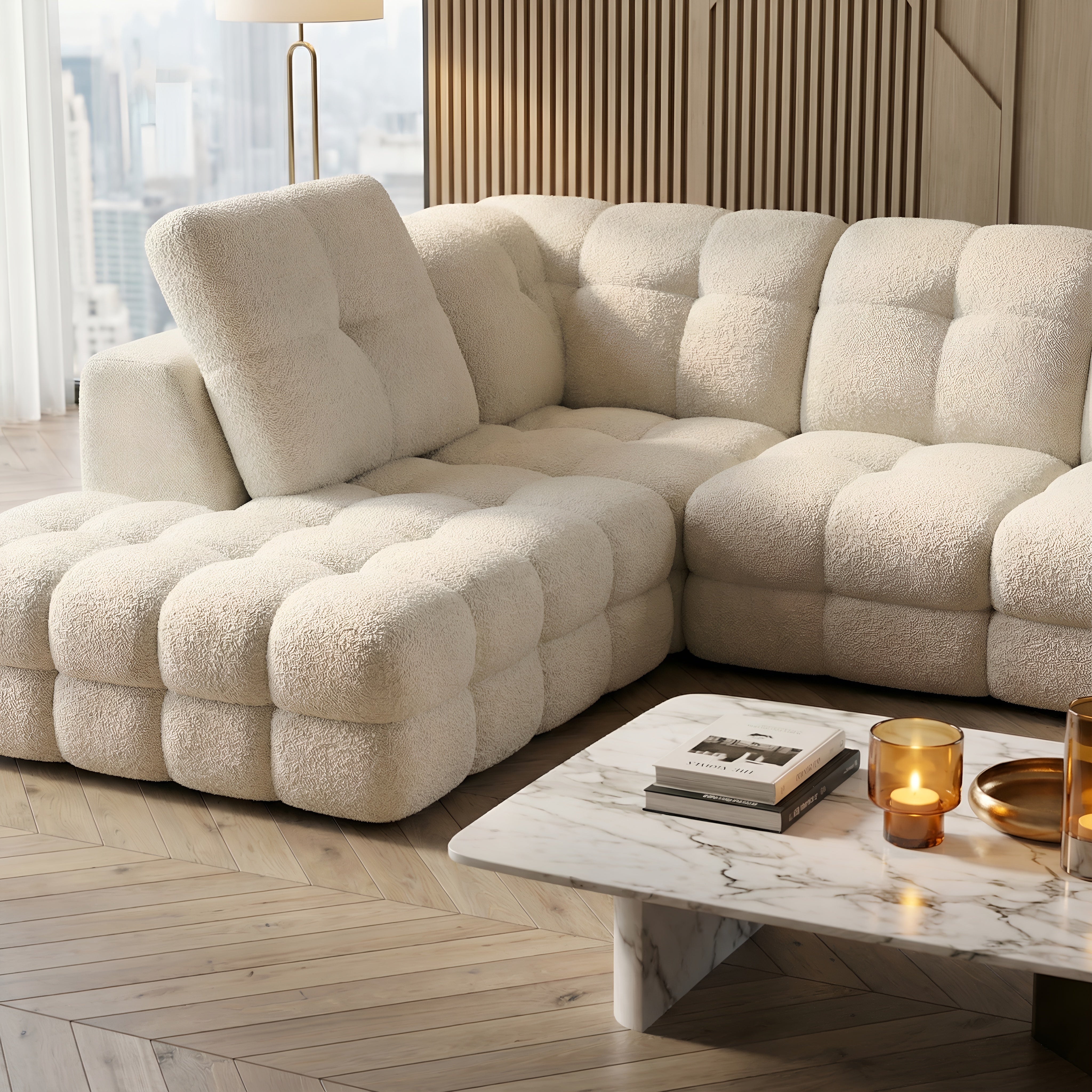 Coltar extensibil TOLLO L, sezlong stanga, stofa catifelata crem deschis - Shanghai 01, cu lada depozitare si reglaj electric, 302x217x105 cm