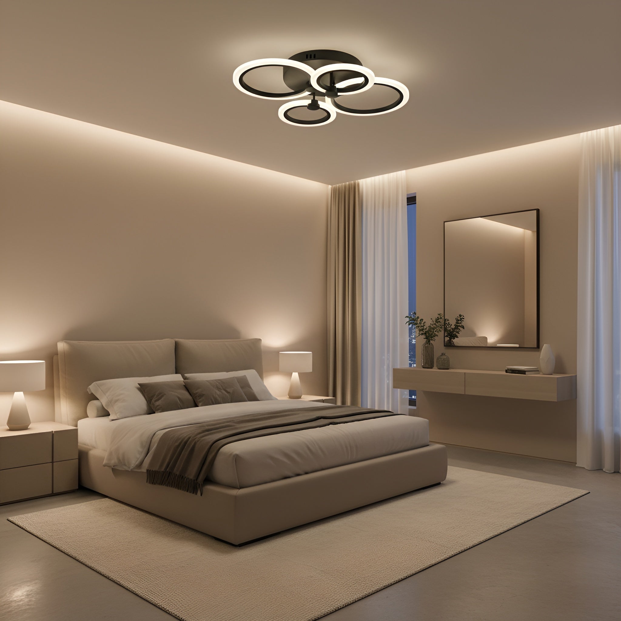 LUSTRA LED CERCURI NEAGRA 56W CU 4 BRATE 3 CULORI+IR 580mm x 90mm