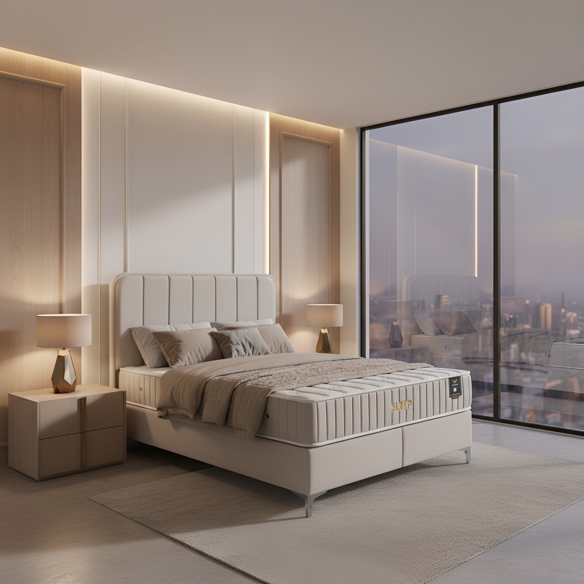 Pat SLEEP 160x200, stofa crem - Luna 01, cu somiera si spatiu depozitare