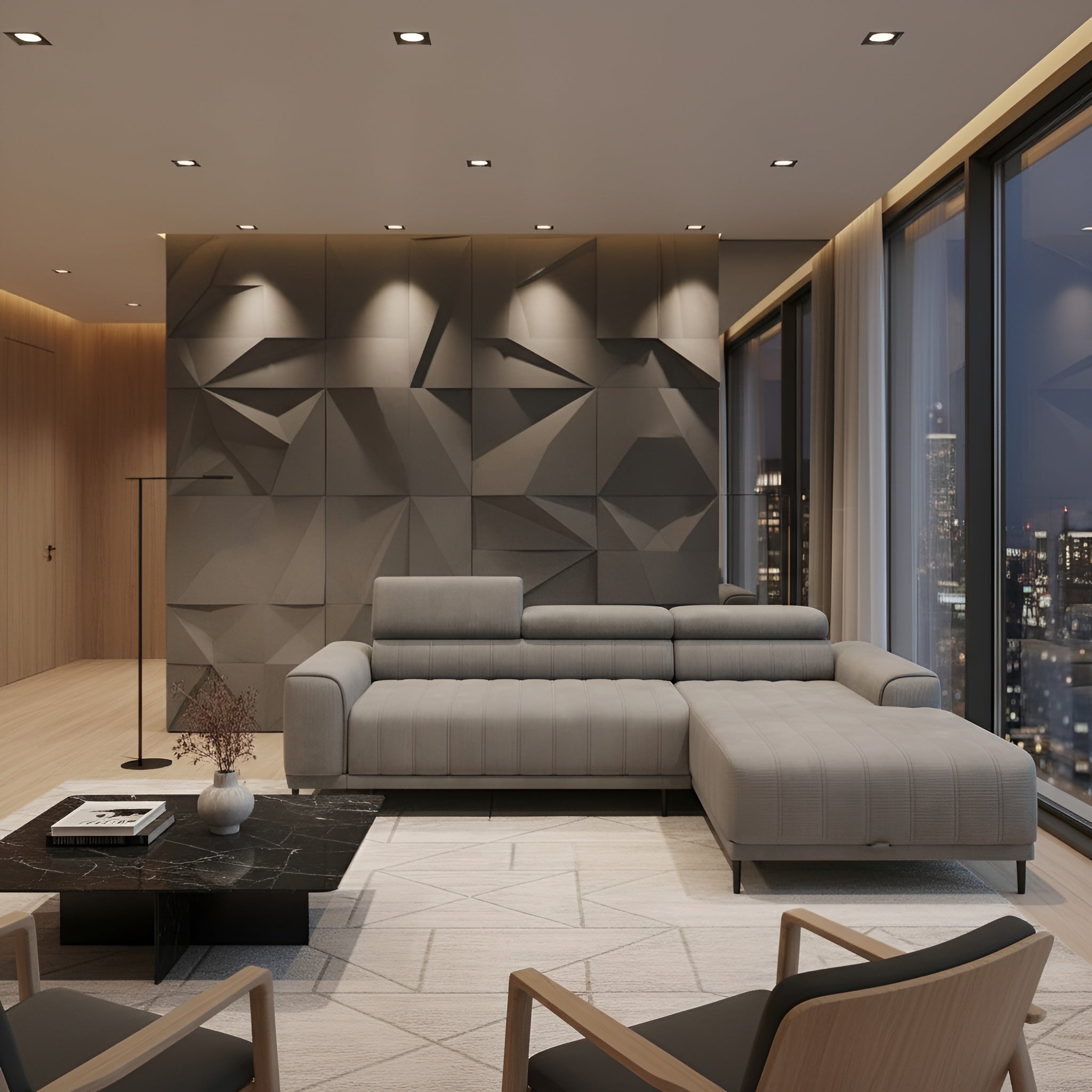 Coltar extensibil CALDO MINI, sezlong dreapta, stofa catifelata gri deschis - Cloud 81, cu lada depozitare si tetiere reglabile, 272x178x99 cm