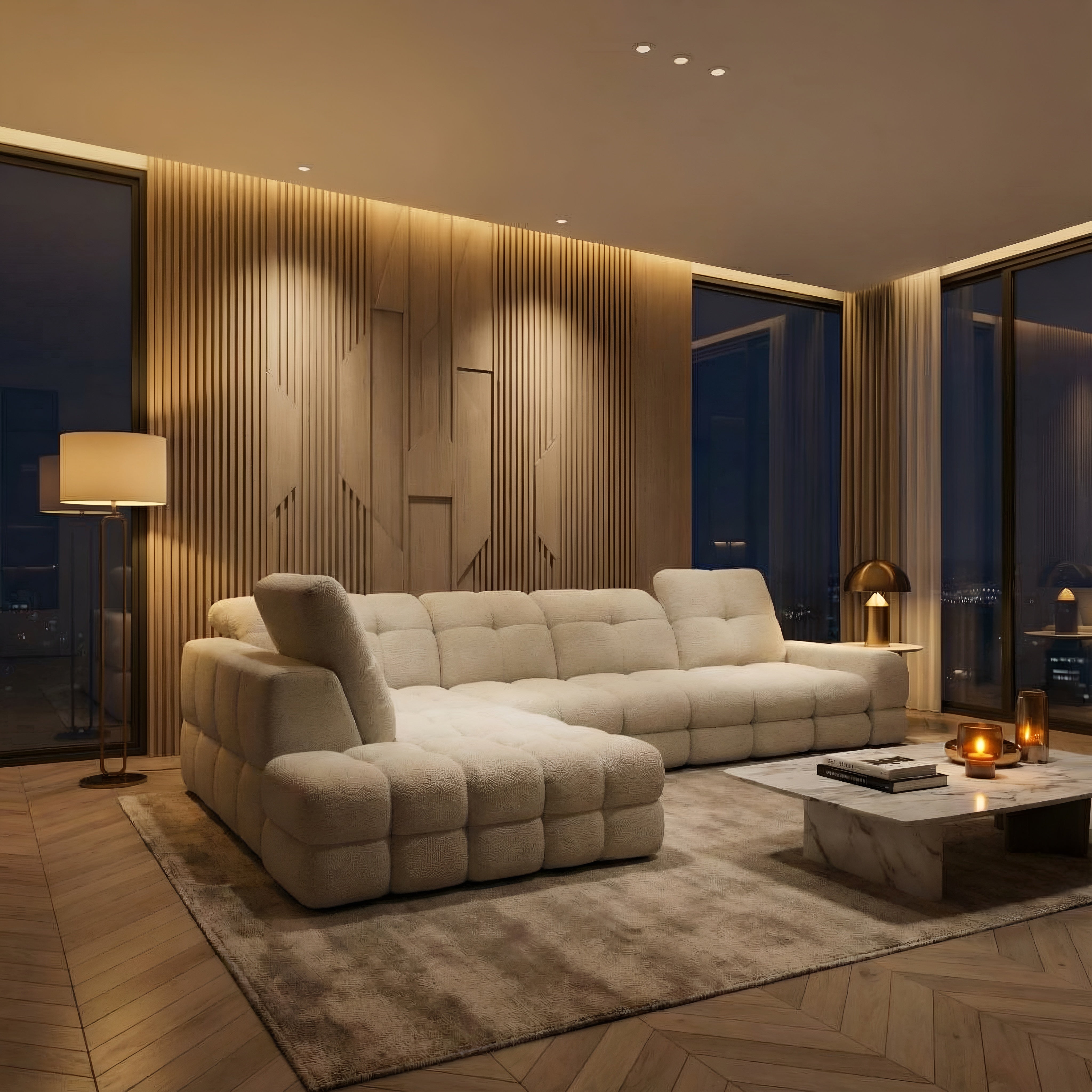 Coltar extensibil TOLLO L, sezlong stanga, stofa catifelata crem deschis - Shanghai 01, cu lada depozitare si reglaj electric, 302x217x105 cm