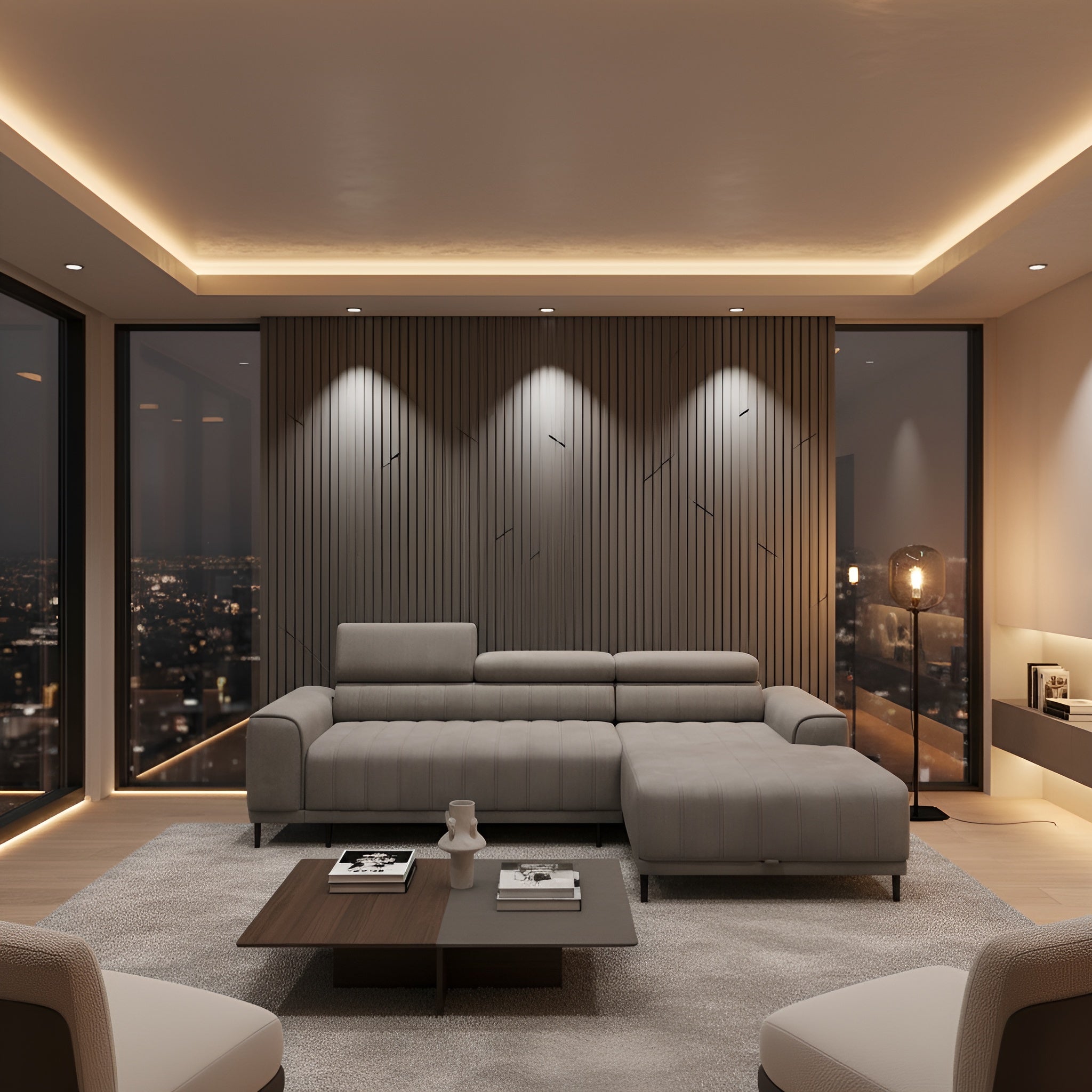 Coltar extensibil CALDO MINI, sezlong dreapta, stofa catifelata gri deschis - Cloud 81, cu lada depozitare si tetiere reglabile, 272x178x99 cm