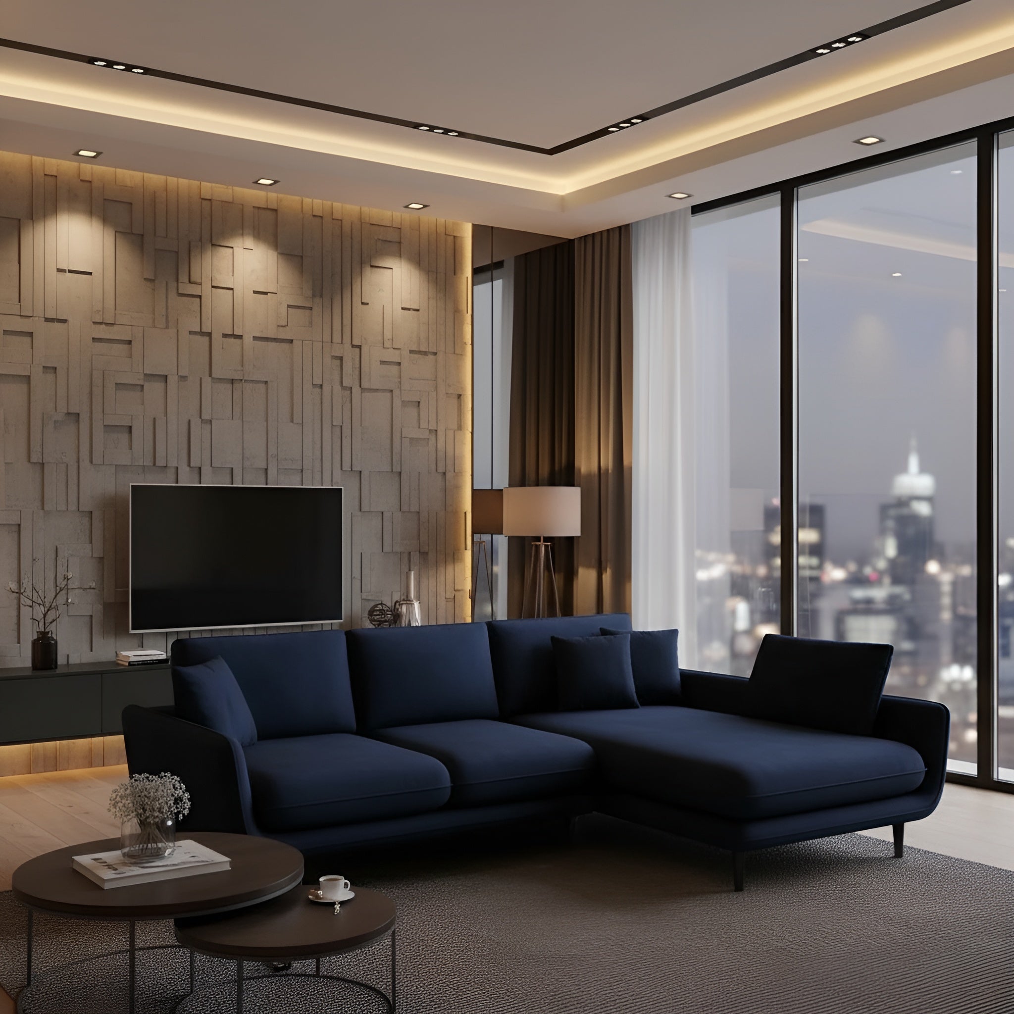 Coltar extensibil SOLANO, sezlong dreapta, stofa clasica albastru inchis - Austin 15, cu lada depozitare, 260x167x83 cm