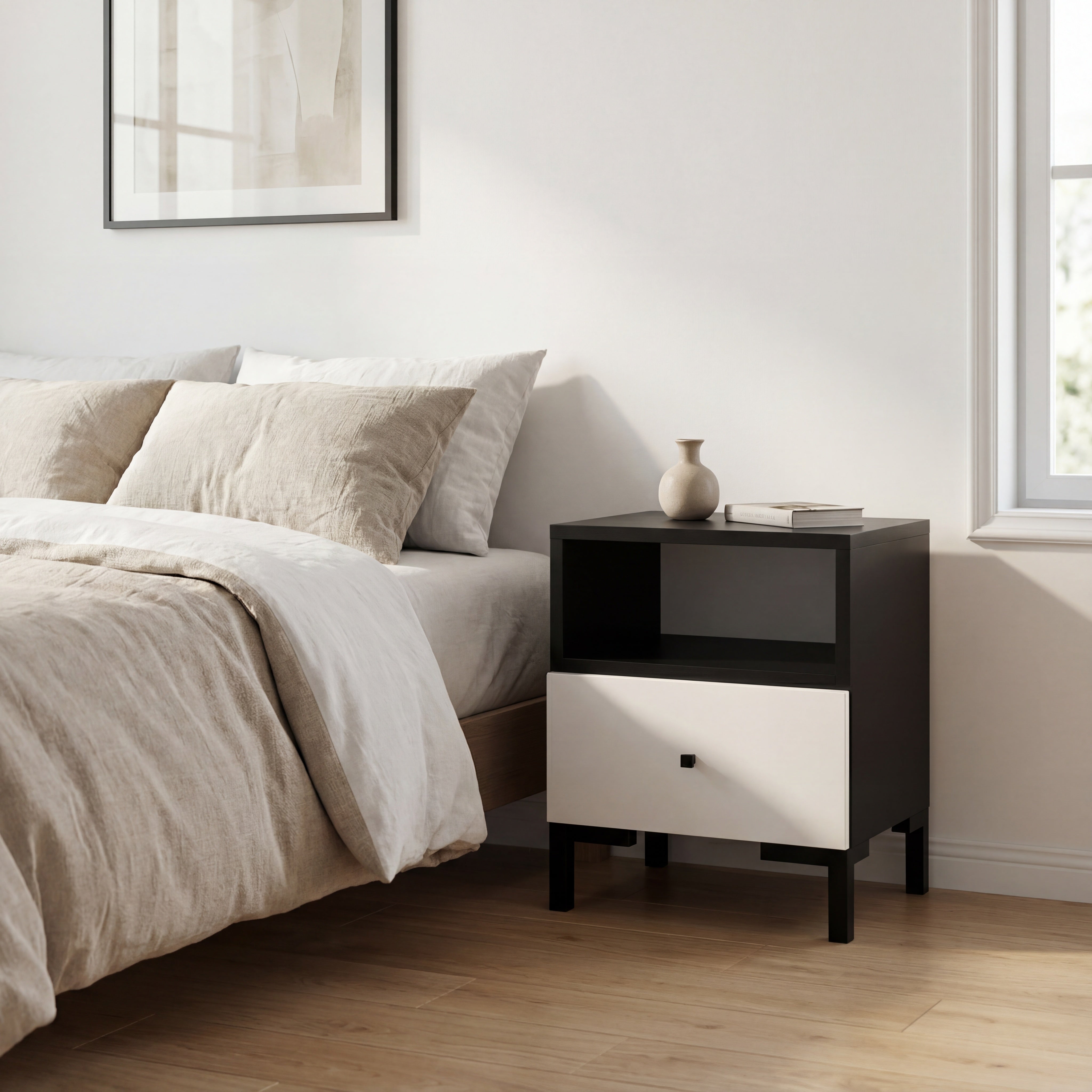 Noptiera SILVIA, alb/negru, PAL, 40x40x52 cm