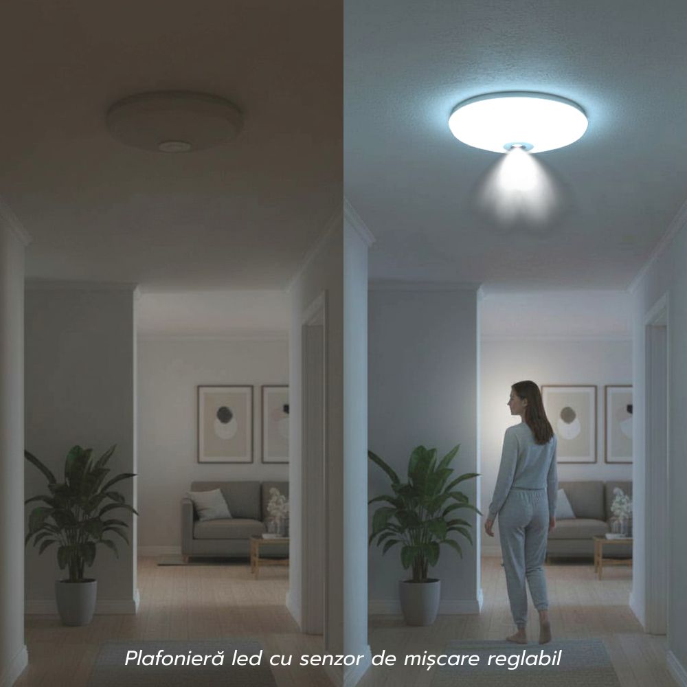 Plafoniera Led cu senzor de miscare reglabil Ø290, 12W=75W, 6400K, lumina rece