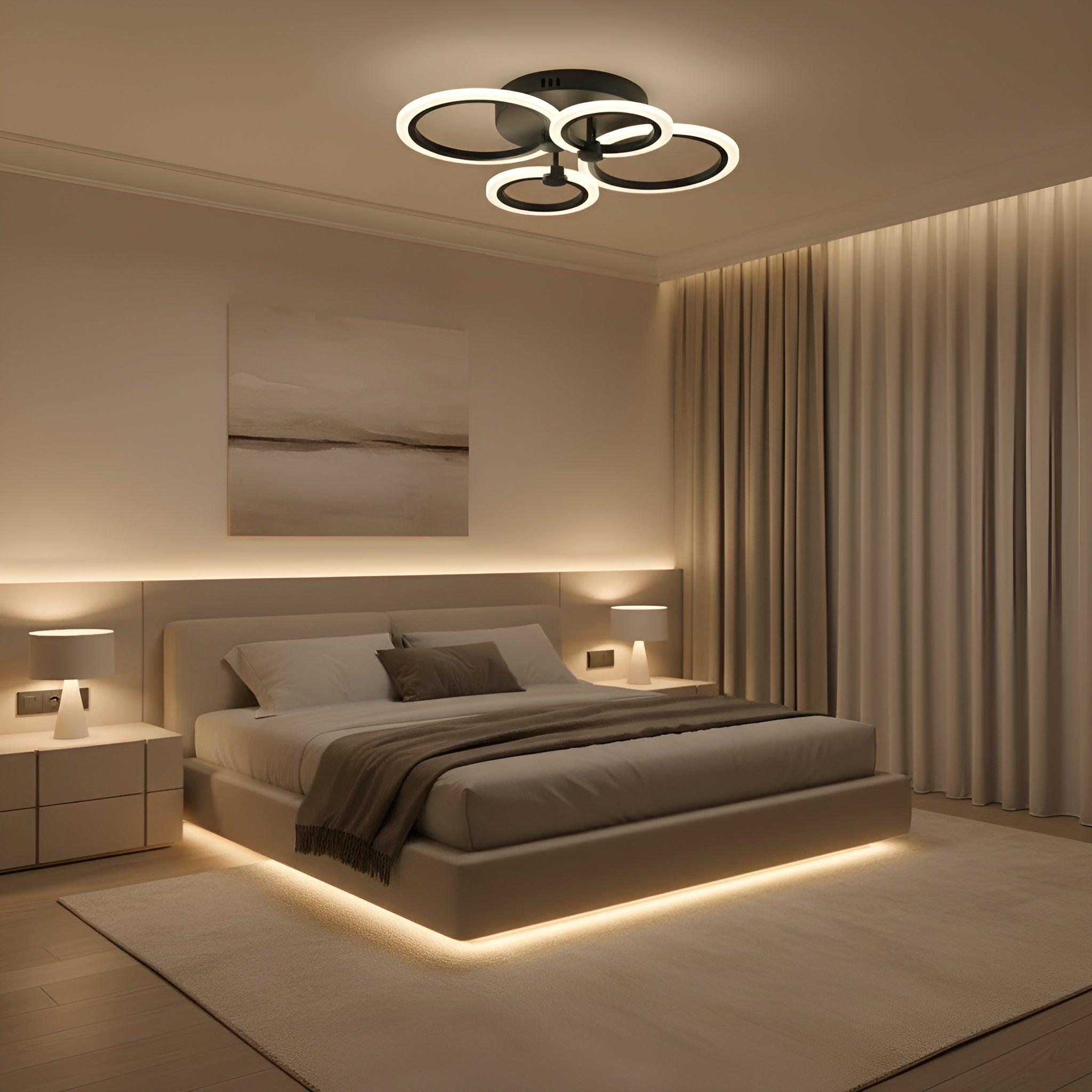 LUSTRA LED CERCURI NEAGRA 56W CU 4 BRATE 3 CULORI+IR 580mm x 90mm