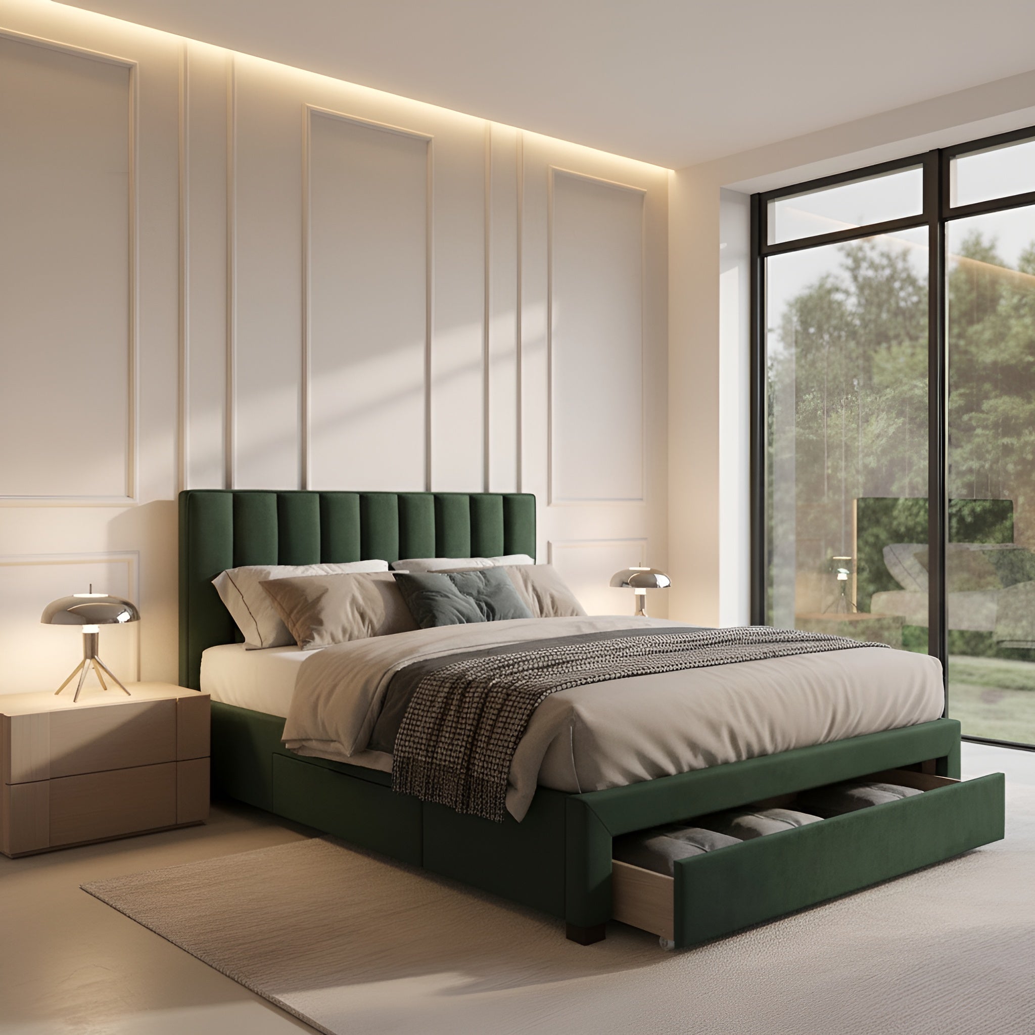 Pat GRACE 160x200, stofa catifelata verde inchis, cu somiera si spatiu depozitare