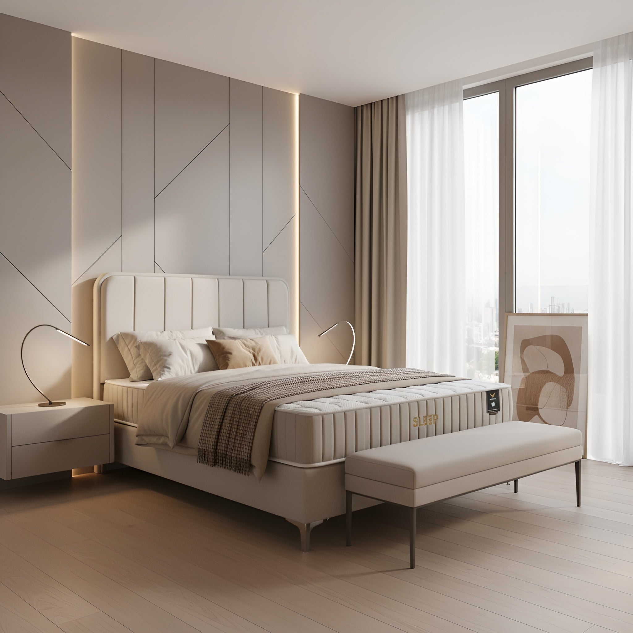 Pat SLEEP 160x200, stofa crem - Luna 01, cu somiera si spatiu depozitare