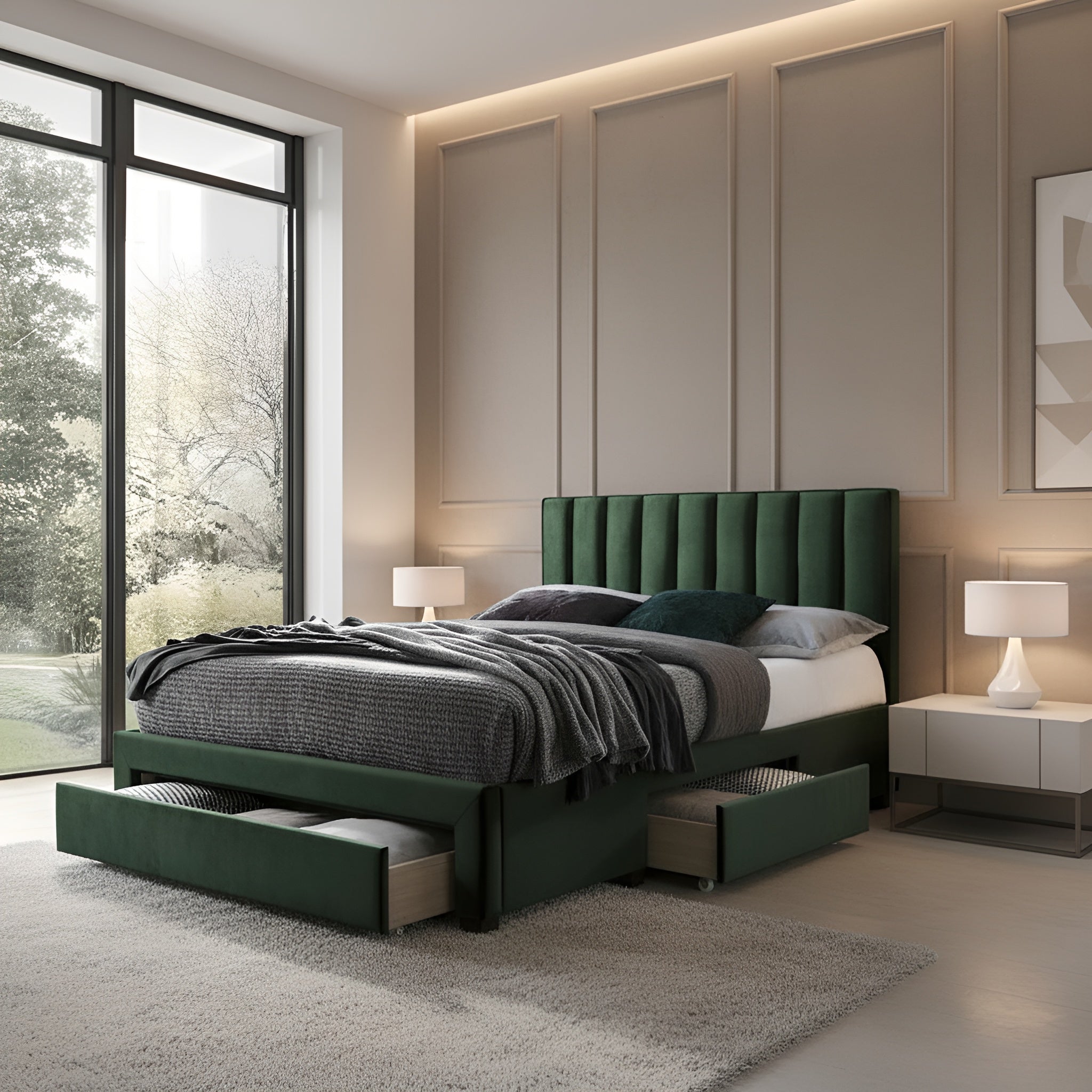Pat GRACE 160x200, stofa catifelata verde inchis, cu somiera si spatiu depozitare
