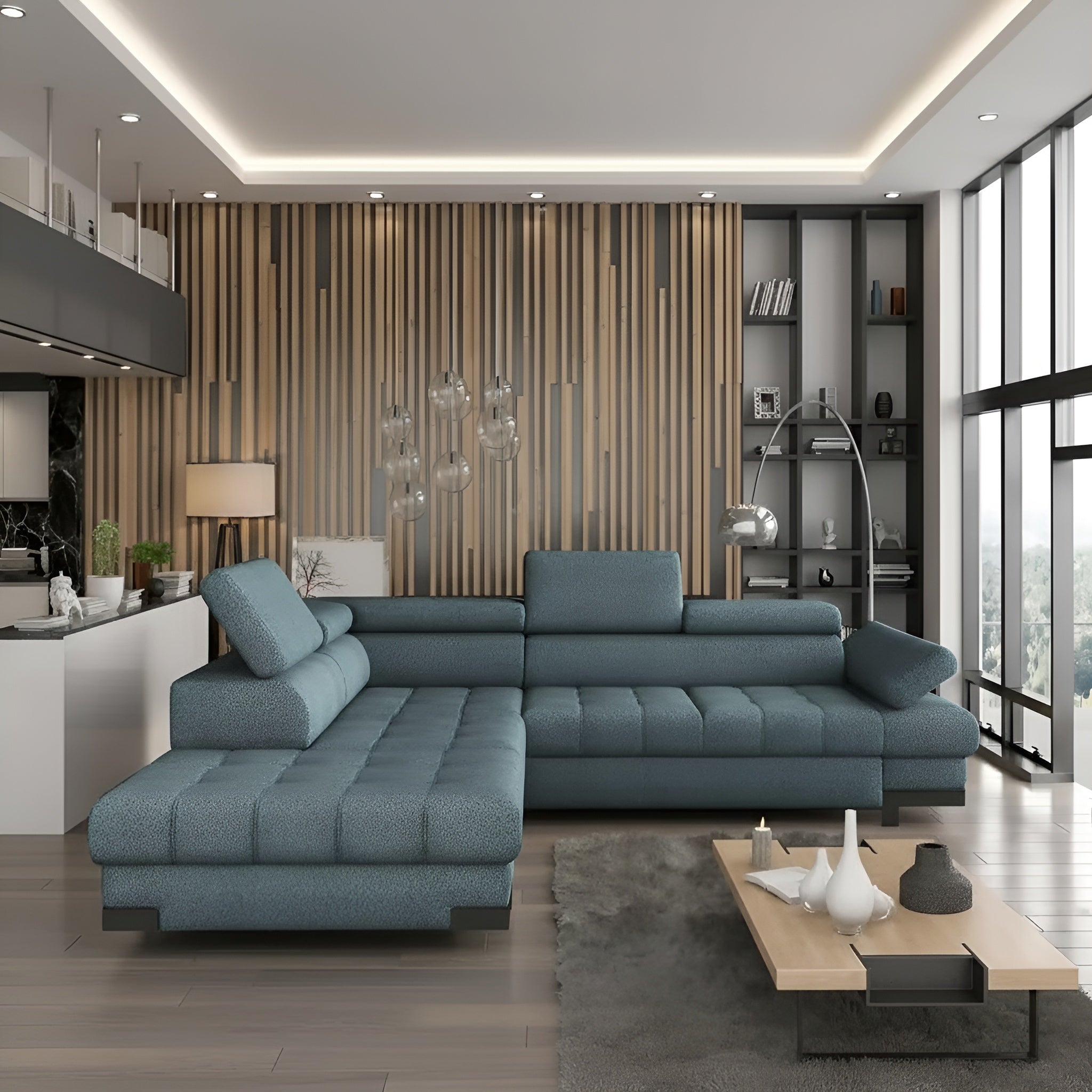 Coltar extensibil SELVA L, sezlong stanga, stofa catifelata verde menta - Salvador 12, cu lada depozitare si tetiere reglabile, 263x223x95 cm