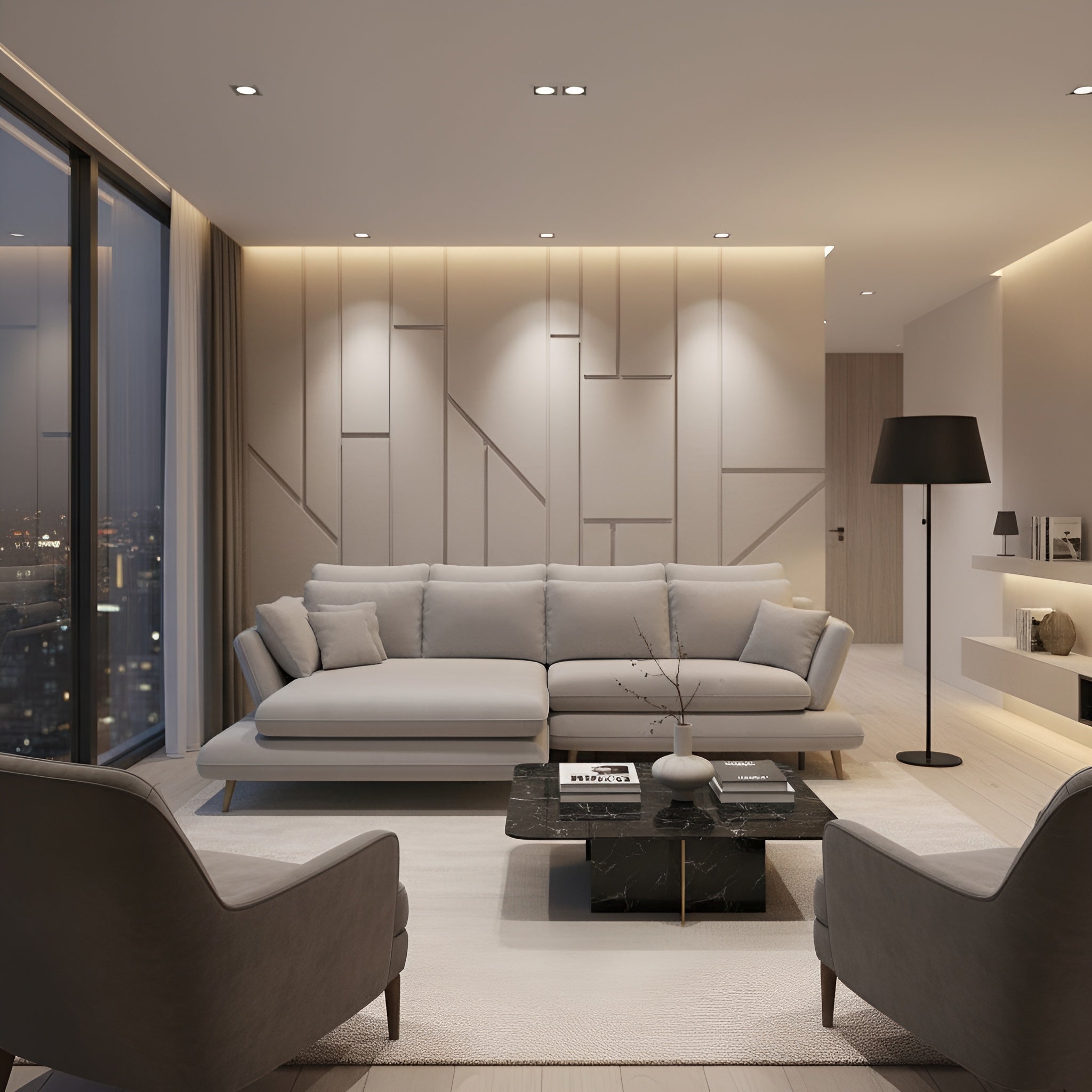 Coltar extensibil MONTE, sezlong stanga, stofa catifelata crem - Riviera 21, 283x181x90 cm