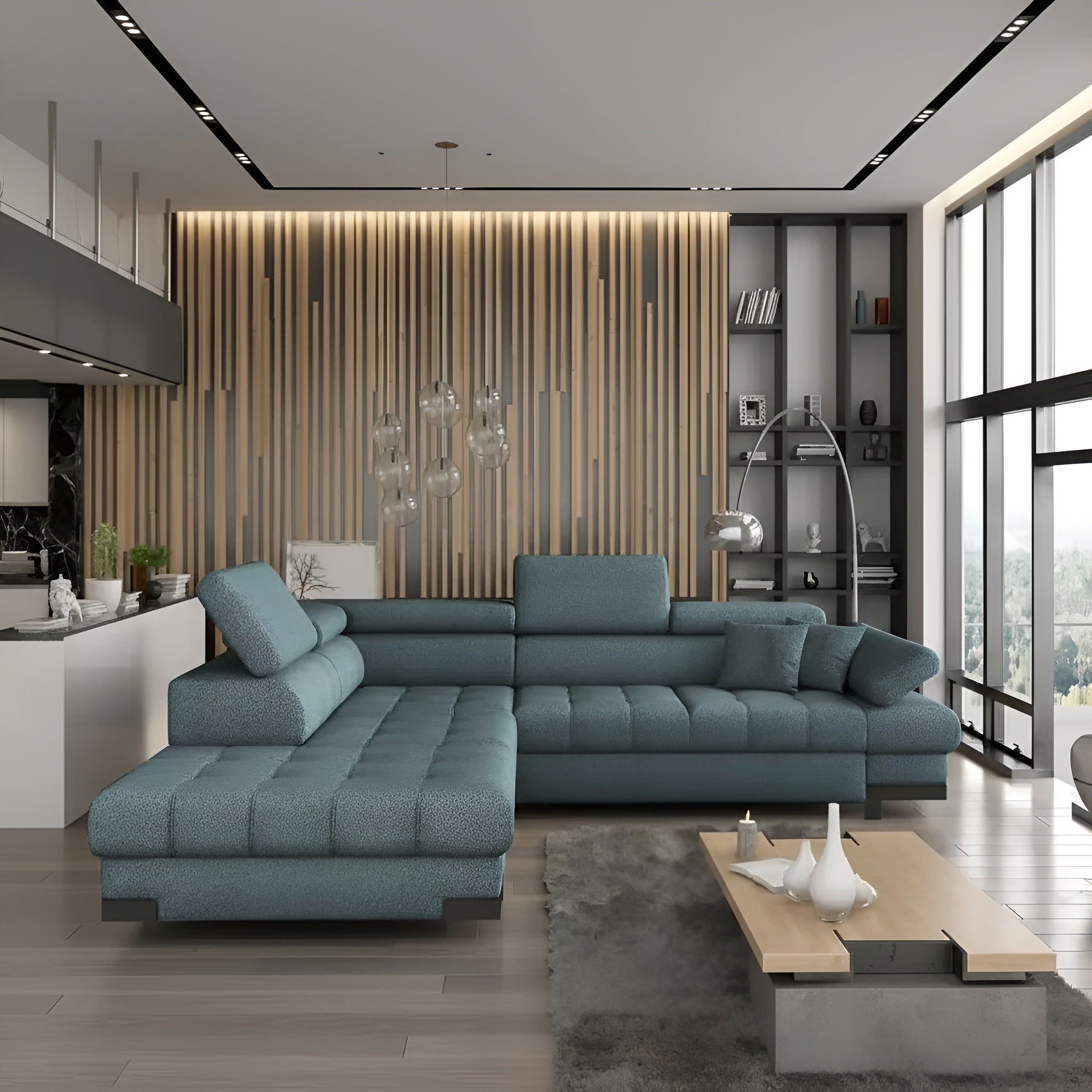 Coltar extensibil SELVA L, sezlong stanga, stofa catifelata verde menta - Salvador 12, cu lada depozitare si tetiere reglabile, 263x223x95 cm