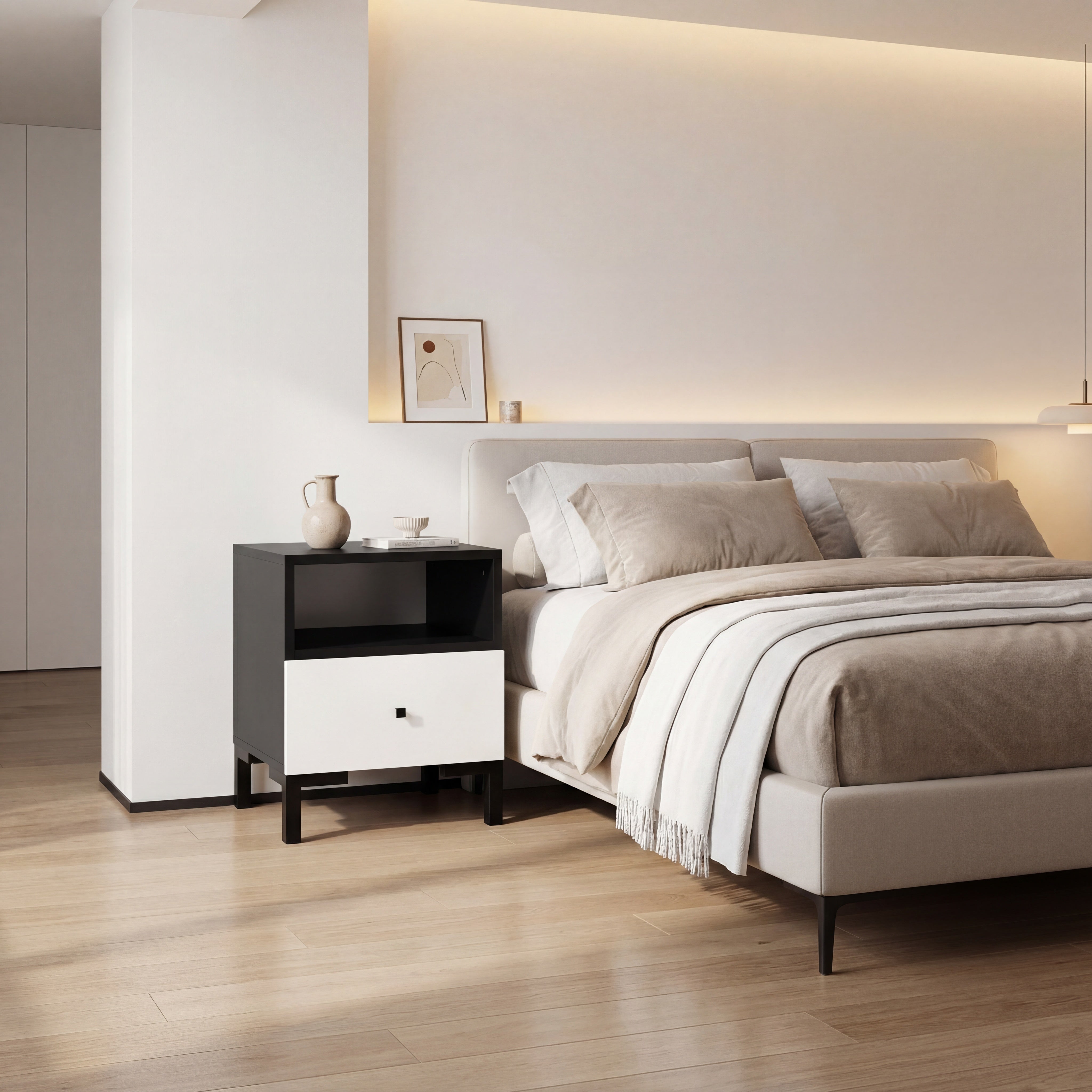 Noptiera SILVIA, alb/negru, PAL, 40x40x52 cm